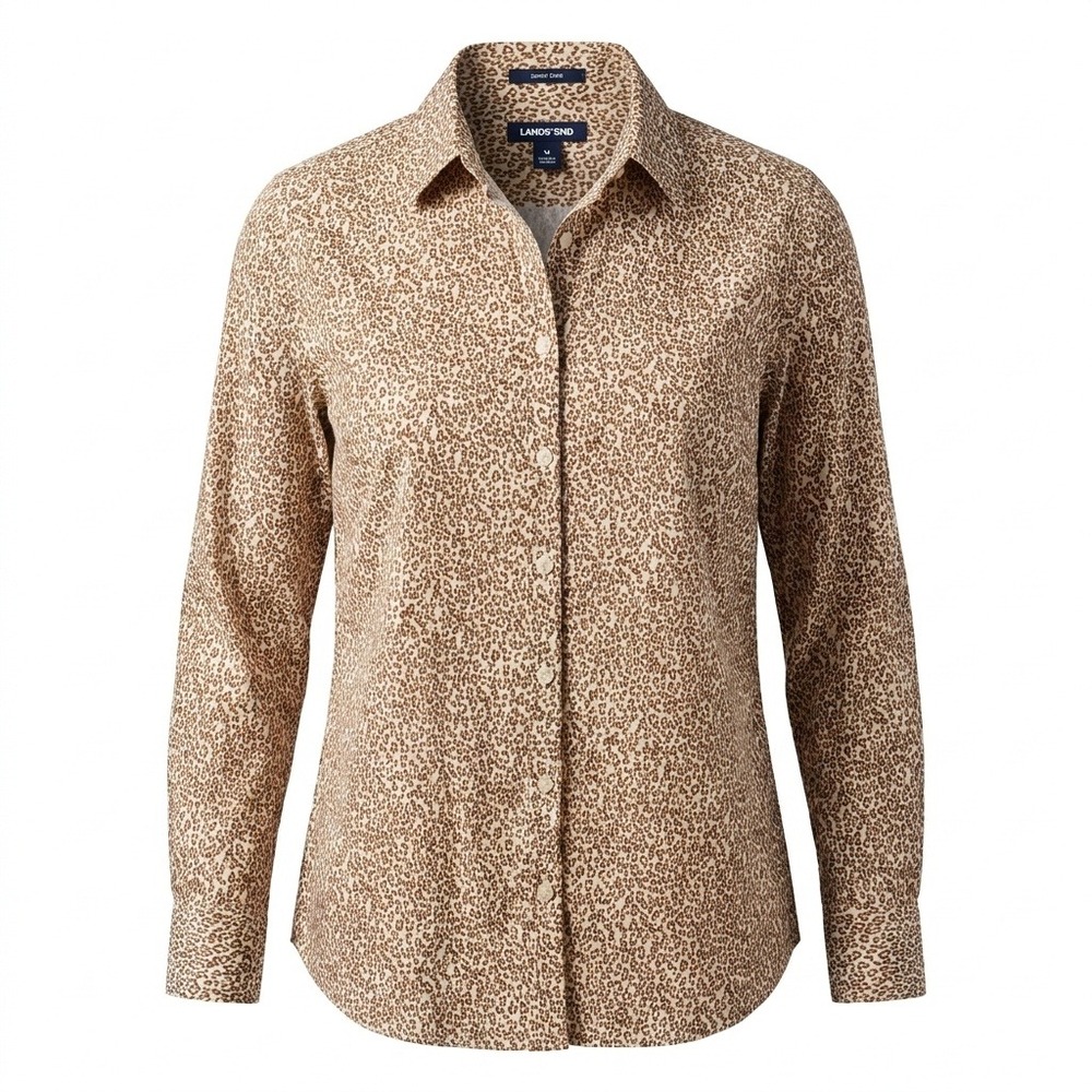 Lands' End No Iron Supima Cotton Leopard Print Button Down Shirt Brown Womens 14